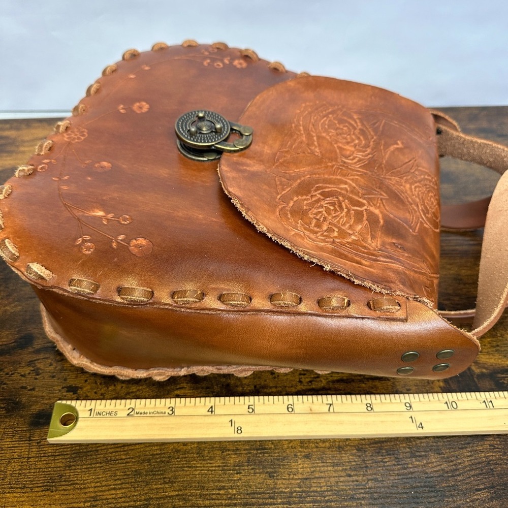 Whipstitch Tooled Leather Shoulder Bag Floral Boho Western Hippie Unbranded - Picture 9 of 16